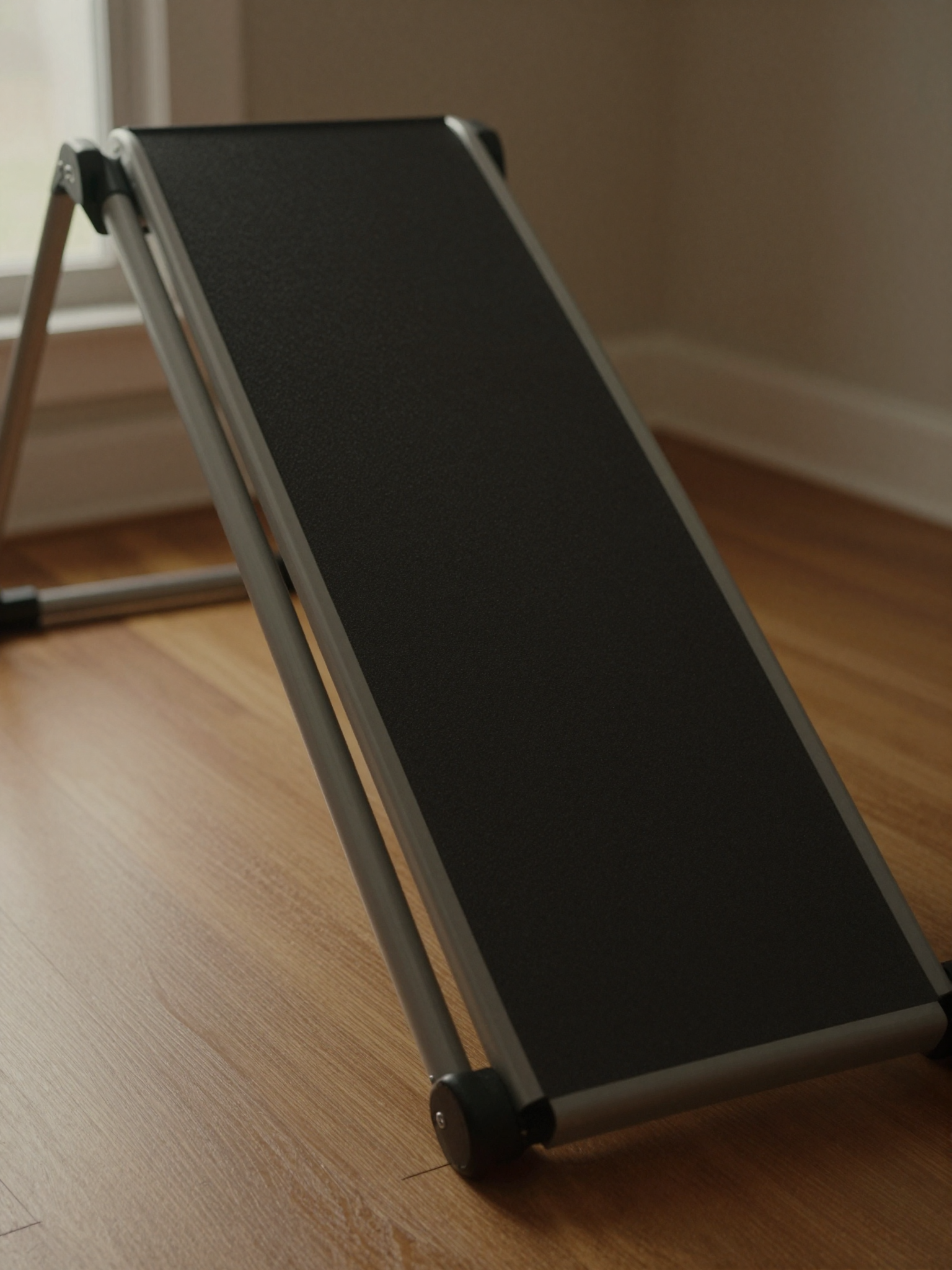 Foldable dog pet ramp set up against a couch in a warmly lit living room.